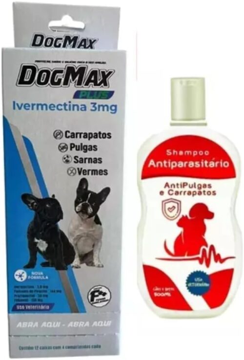 DogMax Plus - Ação 4 em 1 - Remédio para pulgas, carrapatos, vermes e sarna 48 Comprimidos 15kg + Shampoo 7 em 1