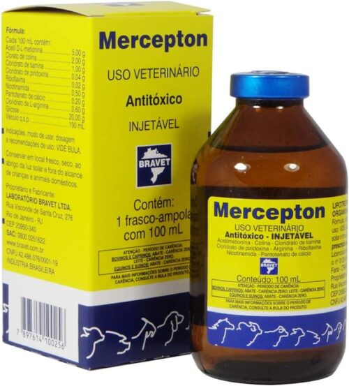 Hepatoprotetor Bravet Mercepton para Cães, Gatos, Leitões, Potros, Bezerros, Caprinos, Bovinos, Equinos e Muares - 100ml