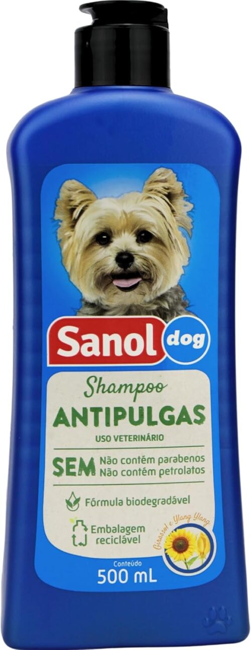 Sanol Dog Shampoo De Pêlos Para Cães Antipulgas 500 Ml Azul