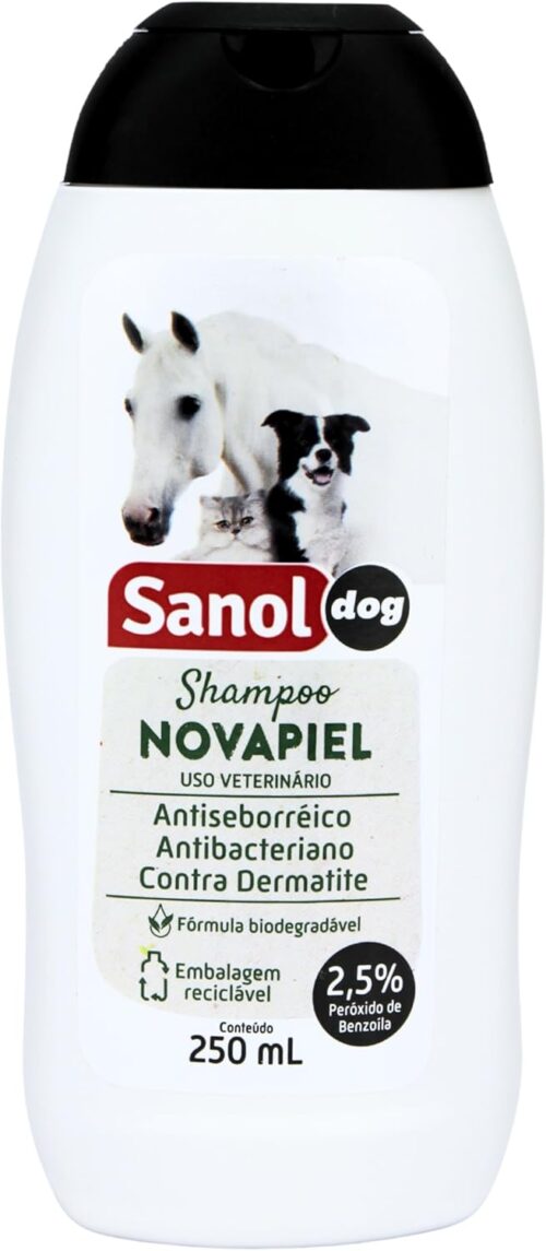 Shampoo de Pêlos Para Cães/Gatos e Cavalos, Novapiel, Sanol Dog, 250 ml, Branco