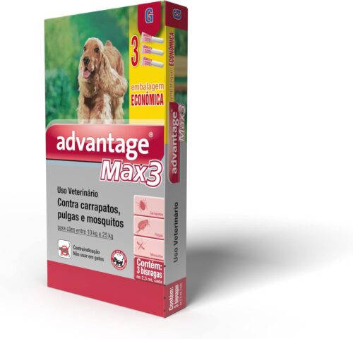 Antipulgas Advantage Max3 Bayer para Cães de 10kg até 25kg - 3 Bisnagas de 2,5ml