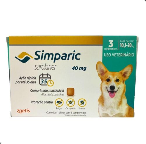 Antipulgas Simparic 40 mg para cães 10,1 a 20 kg - Zoetis - 3 unidades