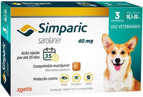 Antipulgas Zoetis Simparic 40 Mg Para Cães 10,1 A 20 Kg - 3 Comprimidos