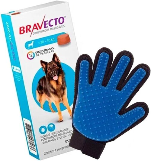 Bravecto Antipulgas e Carrapatos Para Cães 20 a 40Kg + Luva Soft Pet Mascotito Azul