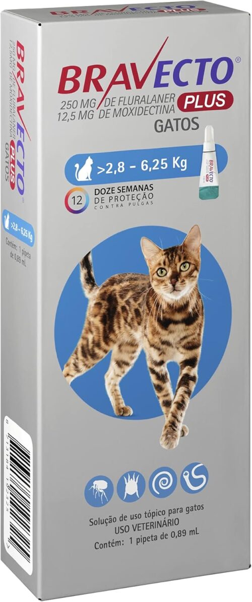 Bravecto Plus Antipulgas e Carrapatos Gatos 2,8 a 6,25Kg, cinza