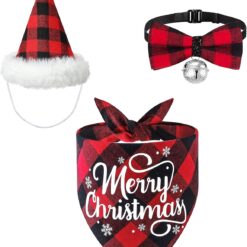 DULEFUN 3 peças Fantasias de Natal para cães xadrez clássico búfalo roupa de natal para cães bandana chapéu gravata borboleta cachecol cachecol triângulo babador acessórios para cães pequenos e médios