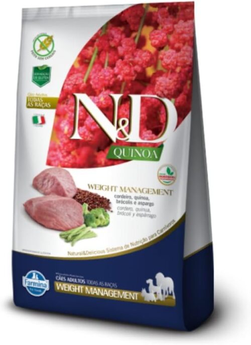 Farmina N&D Quinoa Controle de Peso para Cães Adultos de Todas as Raças Sabor Cordeiro, Quinoa, Brócolis e Aspargo 10,1Kg