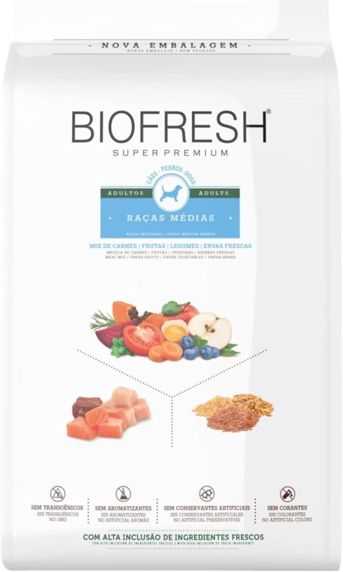 HERCOSUL Ração Seca Biofresh Mix De Carne Frutas Legumes E Ervas Frescas Cães Adultos De Raças Médias 15Kg