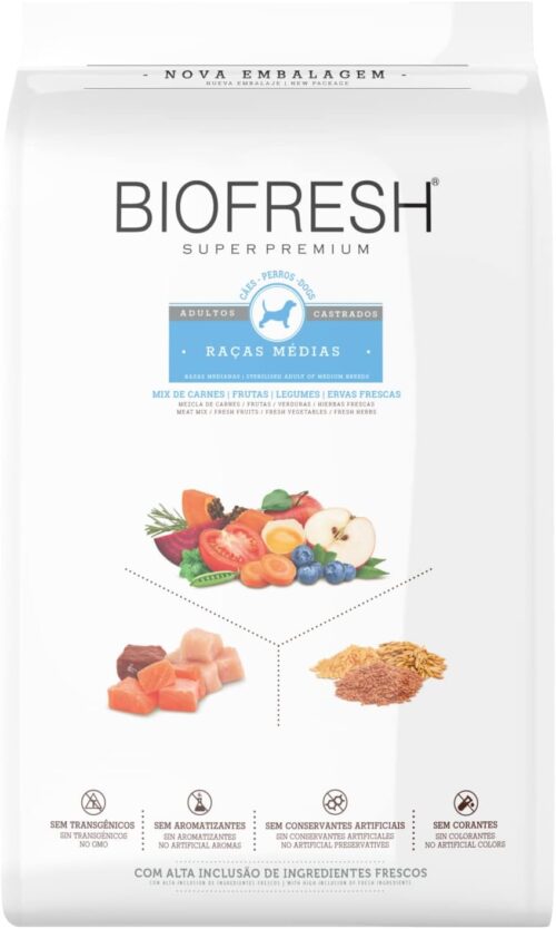 HERCOSUL Ração Seca Biofresh Mix De Carne Frutas Leguminosas E Ervas Frescas Cães Castrados De Raças Médias 10 1Kg