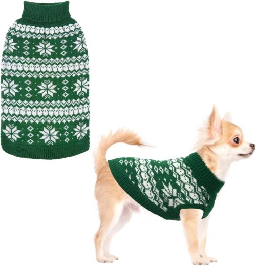 KOOLTAIL Suéter de tricô para cães com gola rolê, pulôver para clima frio, malha clássica, padrão de floco de neve, roupas grossas e quentes para animais de estimação, suéter de Natal para cães