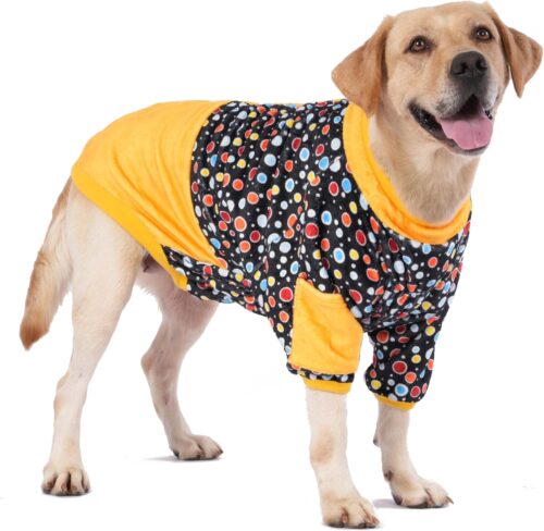 LovinPet Suéter para cães médios – Roupas de inverno para cães de flanela leve com ajuste atualizado, tecido adequado para a pele, que brilham no escuro, estampa de bolinhas pretas para cães pequenos