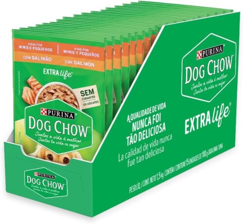 Pack Ração Úmida Cães Adultos Pequenos Dog Chow Salmão - Com 15 Sachês 100g