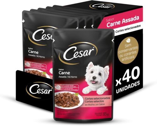 Pack Ração Úmida Cesar Sachê Cortes Selecionados Carne Assada ao Molho Para Cães Adultos 85 g - 40 unidades