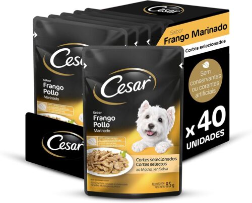 Pack Ração Úmida Cesar Sachê Cortes Selecionados Frango Marinado ao Molho Para Cães Adultos 85 g - 40 unidades