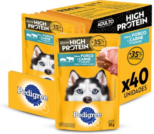 Pack Ração Úmida Pedigree Sachê High Protein Cães Adultos Porco e Carne Ao Molho 85 g - 40 unidades