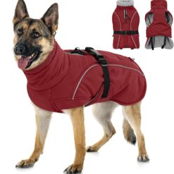 Queenmore Casaco para cães 2GG, jaqueta de inverno para cães grandes, roupa de neve impermeável para cães fofos, forro de lã refletivo ajustável, parca de enchimento quente para clima frio, vermelho