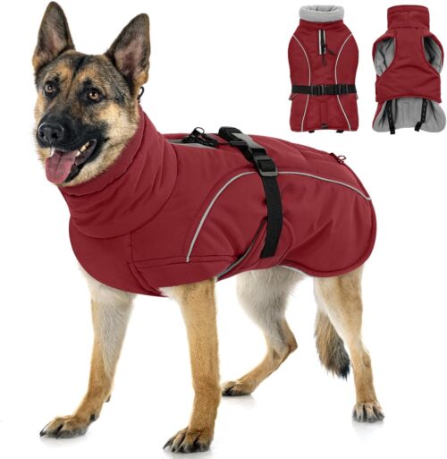 Queenmore Casaco para cães 2GG, jaqueta de inverno para cães grandes, roupa de neve impermeável para cães fofos, forro de lã refletivo ajustável, parca de enchimento quente para clima frio, vermelho