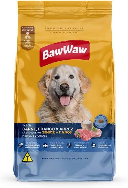 Ração Baw Waw para cães adultos Sênior médio e grande sabor Carne, Frango e Arroz - 10,1kg