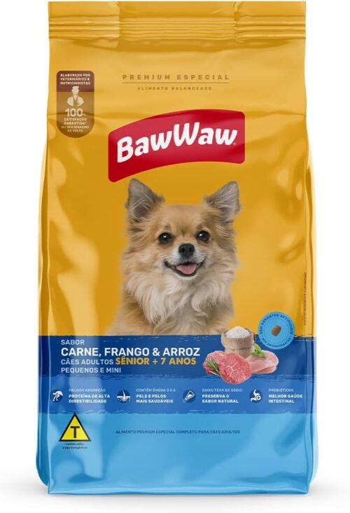 Ração Baw Waw para cães adultos Sênior pequenos e minis sabor Carne, Frango e Arroz - 10,1kg