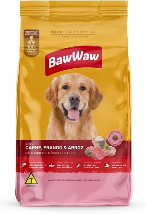 Ração Baw Waw para cães adultos médios e grandes sabor Carne, Frango e Arroz - 10,1kg