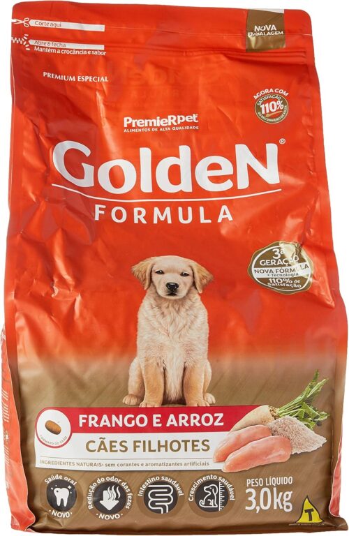 Ração Golden Filhote Sabor Frango e Arroz para Cães, 3kg Premier Pet Para Todos Grandes Filhotes, Sabor Frango