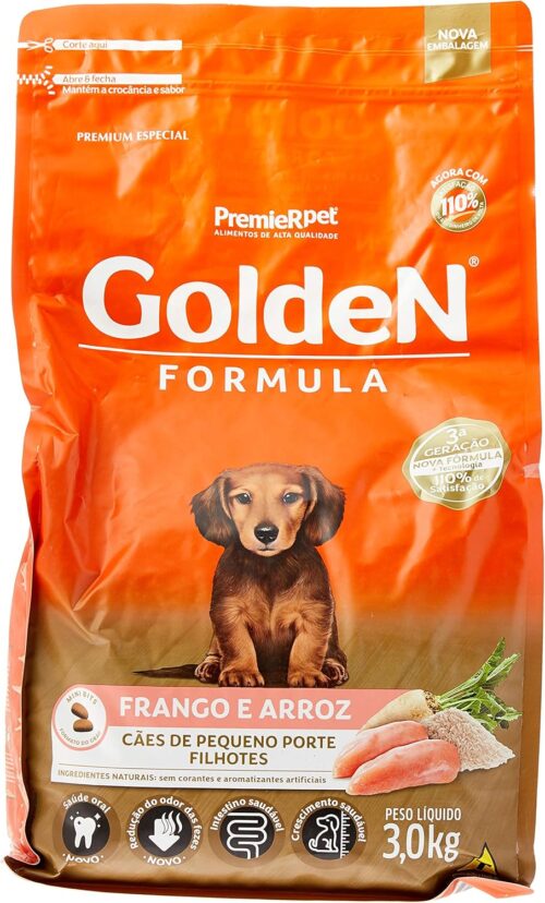 Ração Golden Fórmula Mini Bits para Cães Filhotes de Pequeno Porte Sabor Frango e Arroz, 3kg Premier Pet Para Todos Pequenos Filhotes,