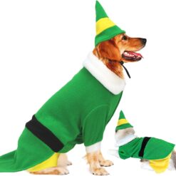 Roupa de Natal para cães com boné, roupa engraçada de elfo de cachorro, roupas de Natal para cães para festas de animais de estimação, roupa quente de inverno (verde, grande)