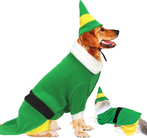 Roupa de Natal para cães com boné, roupa engraçada de elfo de cachorro, roupas de Natal para cães para festas de animais de estimação, roupa quente de inverno (verde, grande)