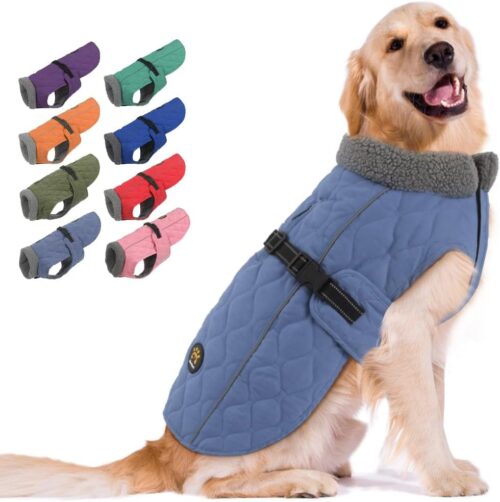 Sheripet Casacos para clima frio para cães, forro de lã pequeno/médio/grande jaquetas para cães para o inverno, roupas de inverno ajustáveis para cães de grande porte, azul GG