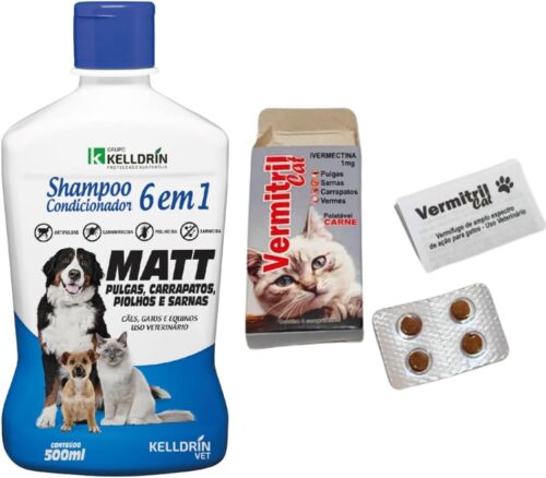 Vermitril Gatos 4 Comprimidos Sabor Carne P/Verme, Carrapato E Pulgas + Shampoo Matt 6x1 Kelldrin 500ml