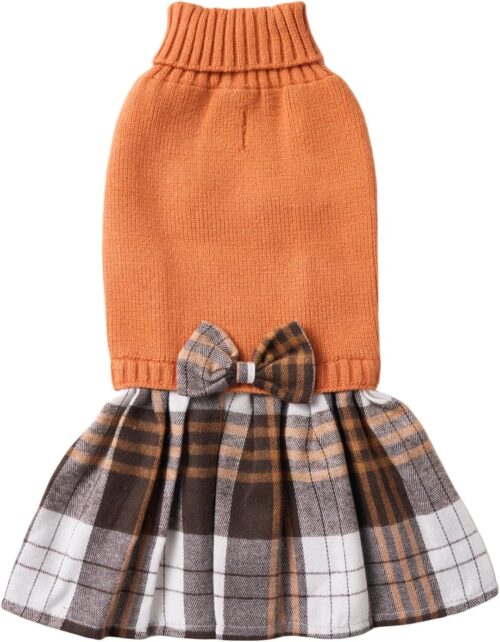 Vestido de malha laranja para cães, roupas de inverno xadrez para cães, meninas, roupas para cães Dachshund, grande (G)