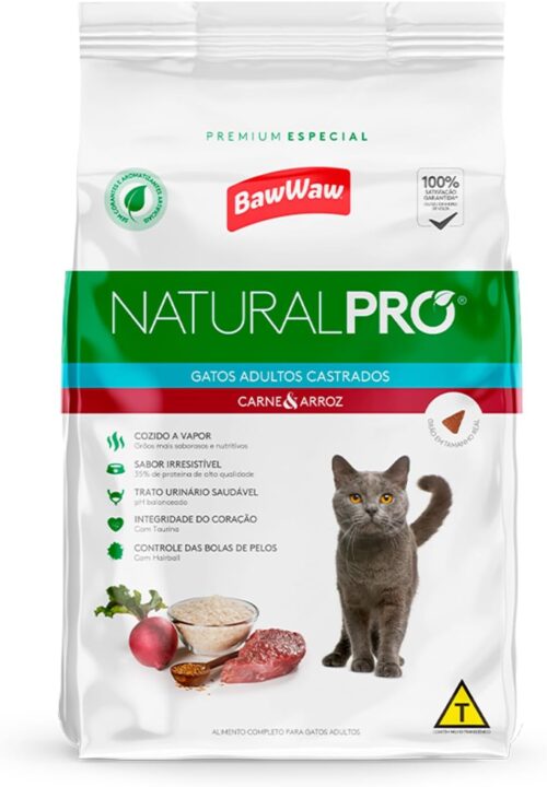 Ração Baw Waw Natural Pro para gatos castrados sabor Carne e Arroz -1kg