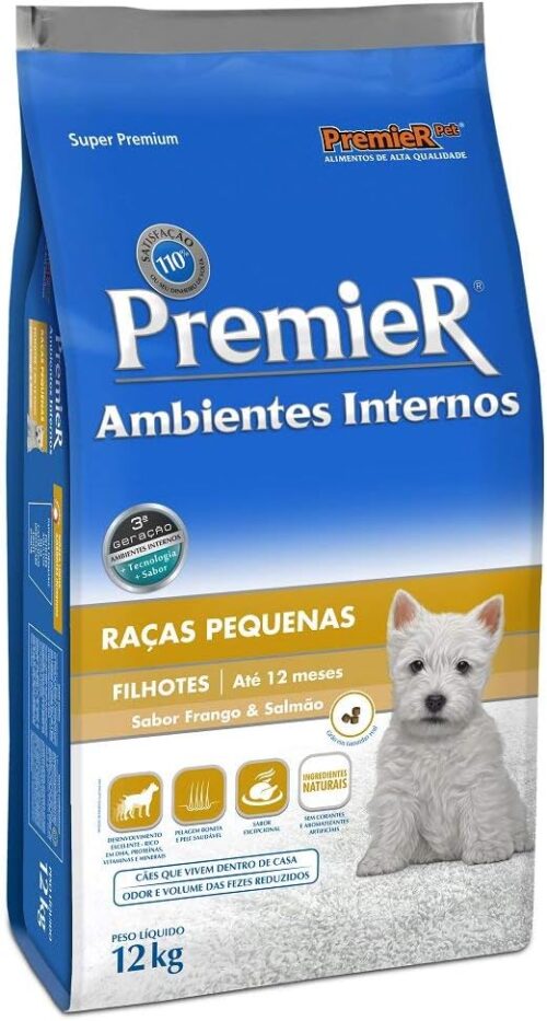 Ração Premier para Cães Filhotes de Raças Pequenas Ambientes Internos Sabor Frango e Salmão, 12kg Premier Pet Raça Filhotes,