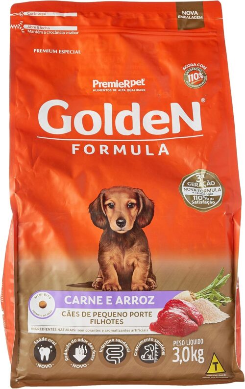 Ração Golden Fórmula Mini Bits para Cães Filhotes Raças Pequenas Sabor Carne e Arroz, 3kg Premier Pet Para Todos Pequenos Filhotes,