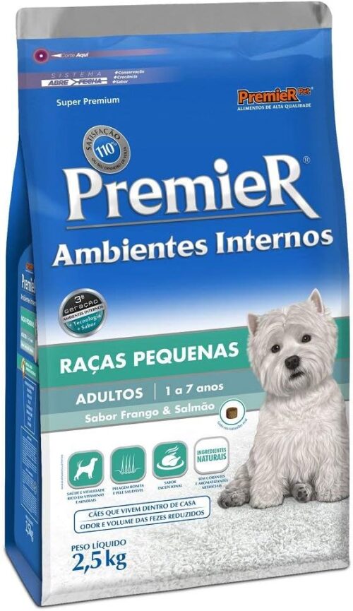 Ração Premier Ambientes Internos para Cães Adultos Sabor Frango e Salmão, 2,5kg Premier Pet Raça Adulto,