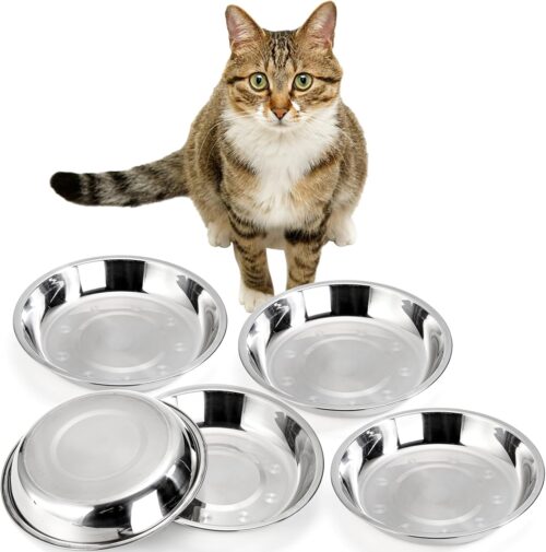 DEAYOU Pacote com 5 tigelas de aço inoxidável para gatos, prato de comida e água para gatos de 19,6 cm, tigela básica de ração para animais de estimação de 473 ml para gatinhos, filhotes, tigela de