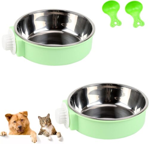 Lucky Interests Pacote com 2 tigelas para cães com caixa verde, tigela de aço inoxidável e plástico, alimentador de comida e água para pendurar, 12,7 cm de diâmetro, capacidade de 150 g