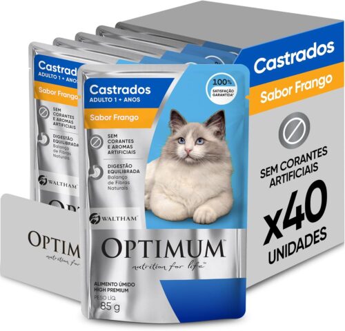 Pack Ração Úmida Optimum Sachê para Gatos Adultos Castrados Frango 85 g - 40 unidadaes