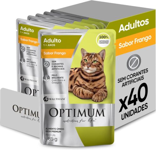 Pack Ração Úmida Optimum Sachê para Gatos Adultos Frango 85 g - 40 unidadaes