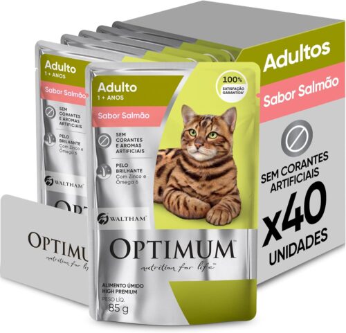 Pack Ração Úmida Optimum Sachê para Gatos Adultos Sabor Salmão 85g - 40 unidadaes