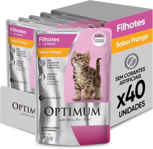 Pack Ração Úmida Optimum Sachê para Gatos Filhotes Frango 85 g - 40 unidadaes