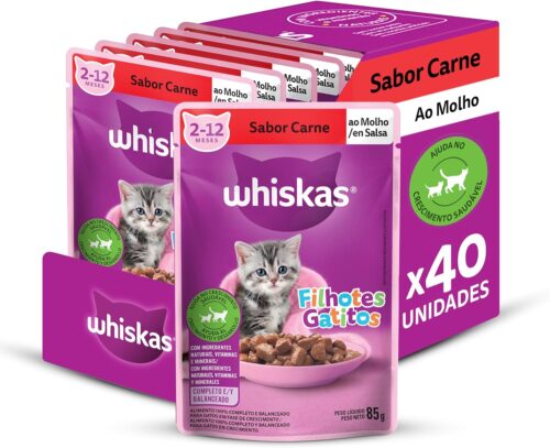 Pack Ração Úmida Whiskas Sachê Carne ao Molho para Gatos Filhotes 85 g - 40 unidades