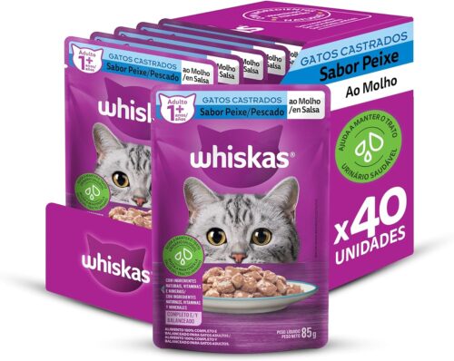 Packs de Ração Úmida Whiskas Sachê para Gatos Adultos Castrados, Peixe ao Molho, 40 Sachês de 85 g