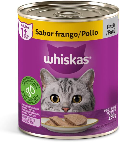 Pacote de Ração Úmida Whiskas Lata Patê de Frango para Gatos Adultos 290 g - 24 unidades