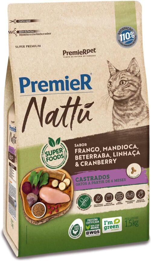 PremieRpet Nattu Gatos Adultos Castrados Mandioca 1 5Kg Ração Alimento