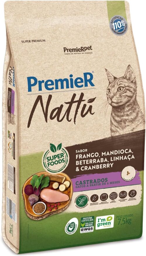 PremieRpet Nattu Gatos Adultos Castrados Mandioca 7 5Kg Ração Alimento