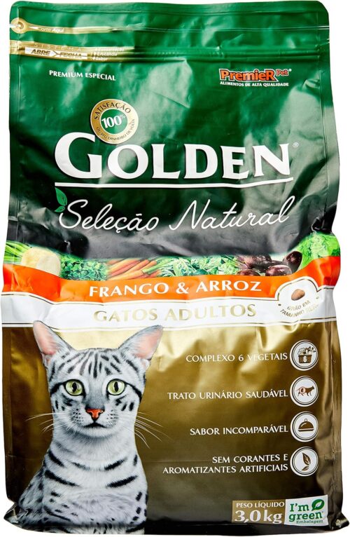 Premier Pet Ração Golden Seleção Natural para Gatos Adultos, 3kg, Sabor Frango e Arroz