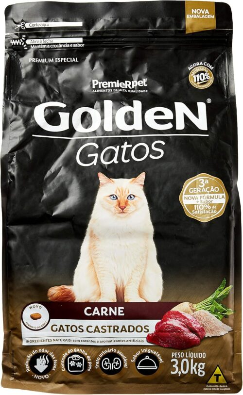 Premier Pet Ração Golden para Gatos Adultos Castrados, Raça Adulto, Sabor Carne, 3kg