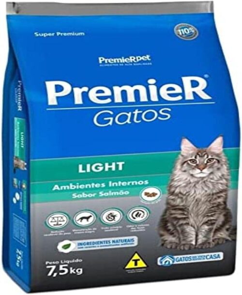 Premier Pet Ração Para Gatos Adultos Ambientes Internos Light Sabor Salmão 7,5kg