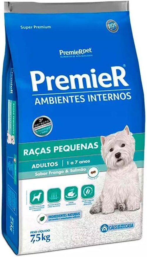 RAÇÃO PREMIER AMBIENTES INTERNOS CÃES ADULTOS RAÇAS PEQUENAS (FRANGO E SALMÃO) 7,5 KG